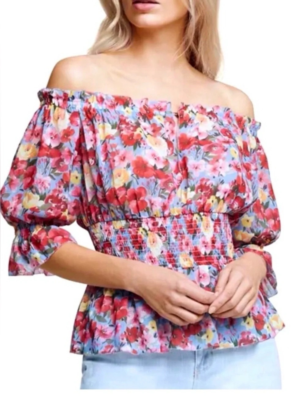 L'AGENCE Pink Multi Floral Off-Shoulder Smocked Peplum Top